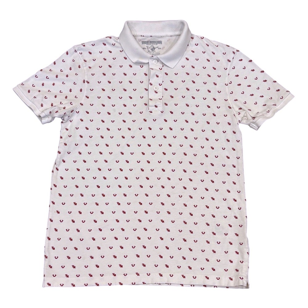 True Religion Polo Shirt Mens Small White Red All Over Logo Print Short Sleeve